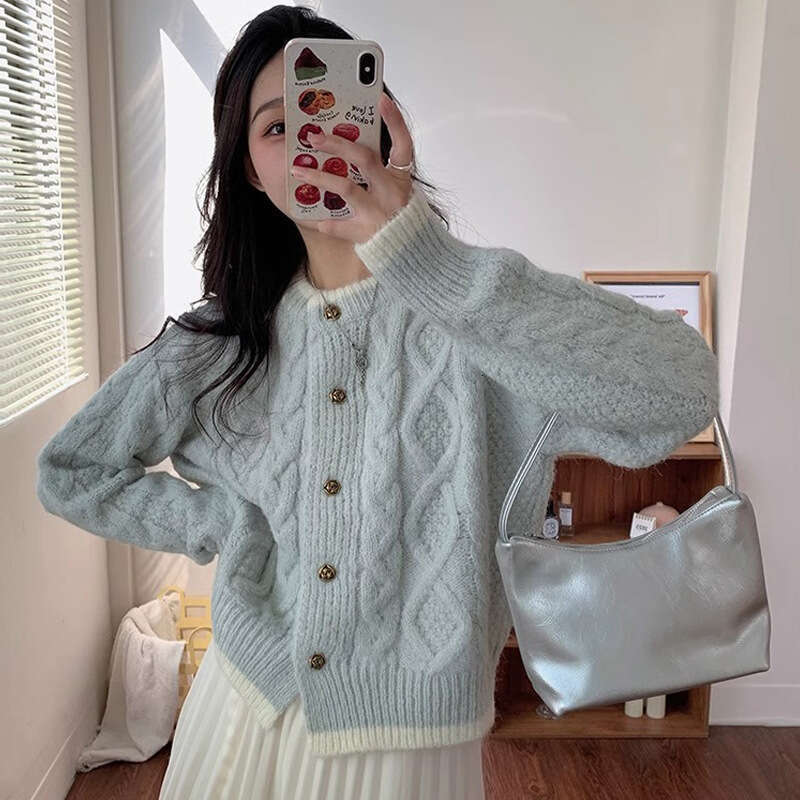 Milky Blue Short Top Braided Knit Cardigan For Women Early Spring And Autumn Soft Lazy Style Sweater Coat B5