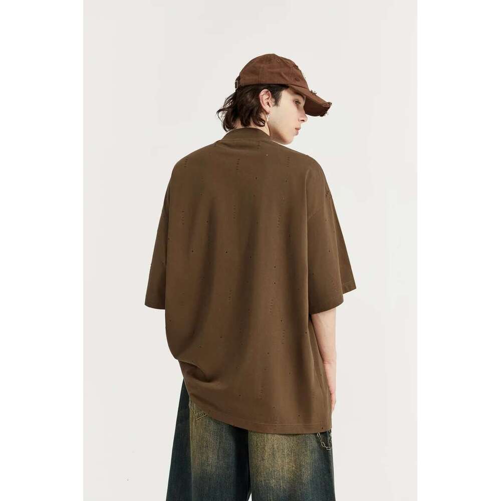 Streetwear Ripped Tees Men Heavyweight Mock Neck Oversized Cotton Tshirts