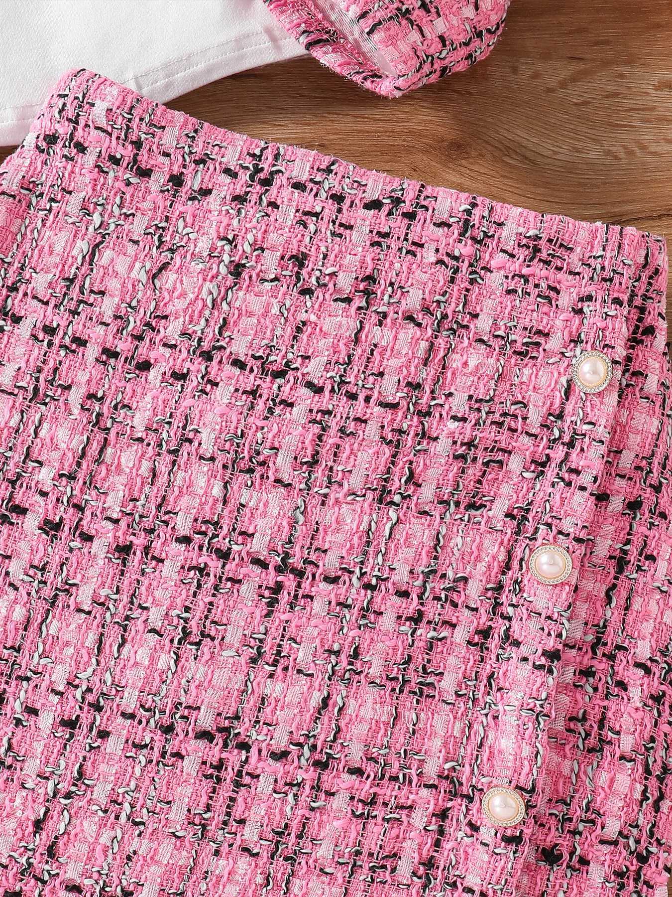 Childrens spring and autumn new cute girl fashion dress 3 sets of pink plaid top skirt white long-sleeved base shirt Y251105