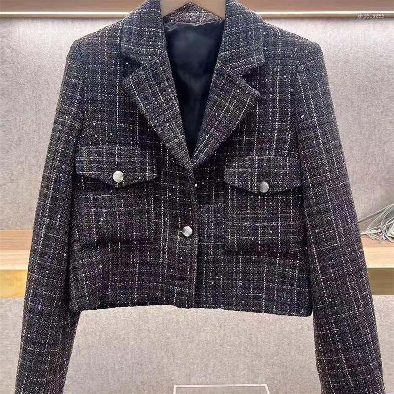 Women's Jackets Notched Collar Women Tweed Short Coat Vintage Fashion Long Sleeve Autumn Lady Jacket French