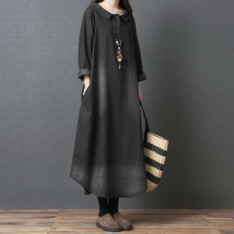 Autumn New Korean Style Loose Plus Size Women's Fashion Comfortable Denim Shirt Dress B5