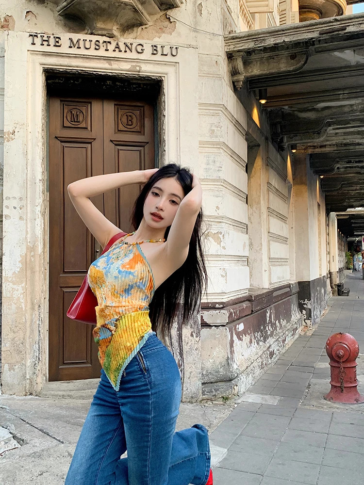 Tonngills retro tie dye vest top womens sleeveless lace top Y2k retro camis top backless summer Korean vest top 2000s 250402