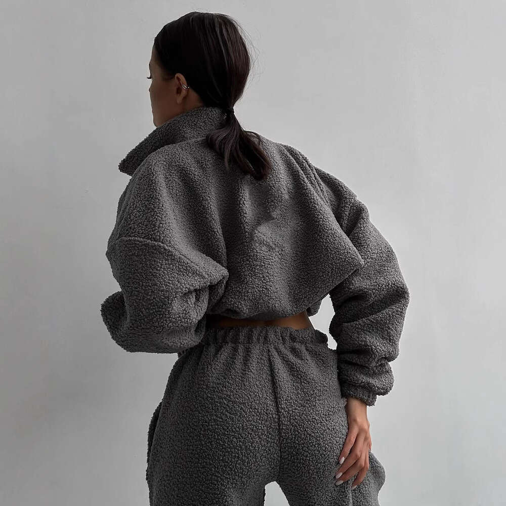 Cross-Border For Women, European American Style, Autumn And Winter New Sports Casual Fleece Cardigan Sweatshirt Set B5