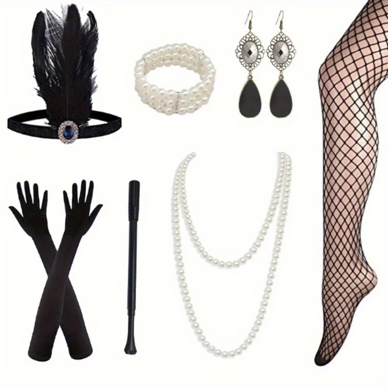 7 pieces of 1920 fashionable women's clothing accessories, feather headbands, necklaces, gloves, cigarette sticks, fishing net socks and other wo