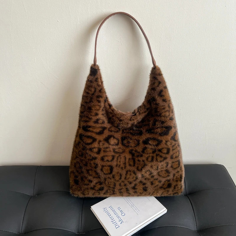 Retro Leopard Print Shoulder Bags Trendy Hobo Bag Soft Warm Faux Fur Large Capacity Tote Korean Fashion Winter Underarm Bags 251104