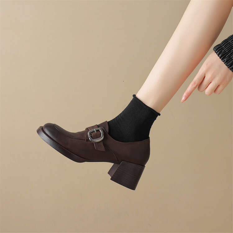 British Style Metal Belt Buckle Small for Women Thick Designer Shoe Round Toe Platform High Heel Loafers Soft Leather Single Shoes
