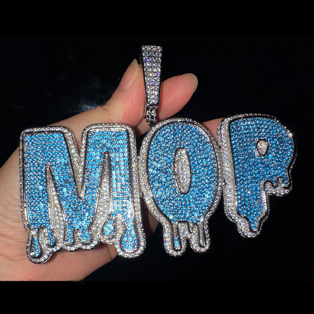 Hip Hop Custom A-Z WaterDrop Letters Pendant Necklaces Blue Zircon 18k Gold Plated Jewelry