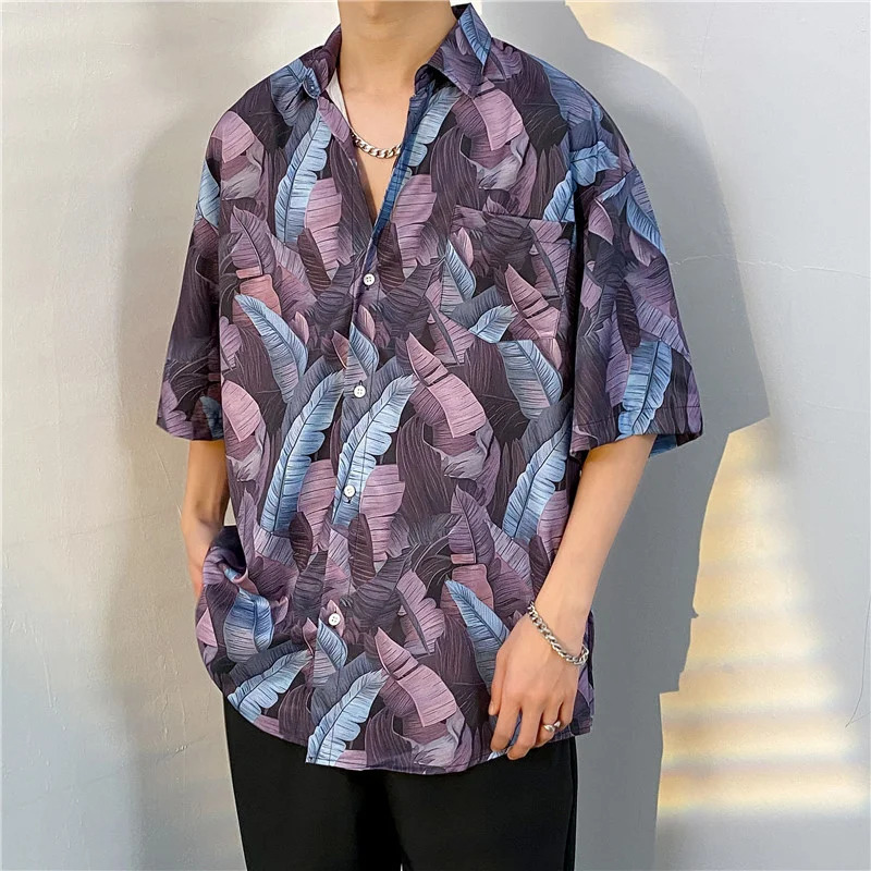 Plus size mens Hawaiian tropical print loose beach shirt short sleeved casual mens shirt 250403
