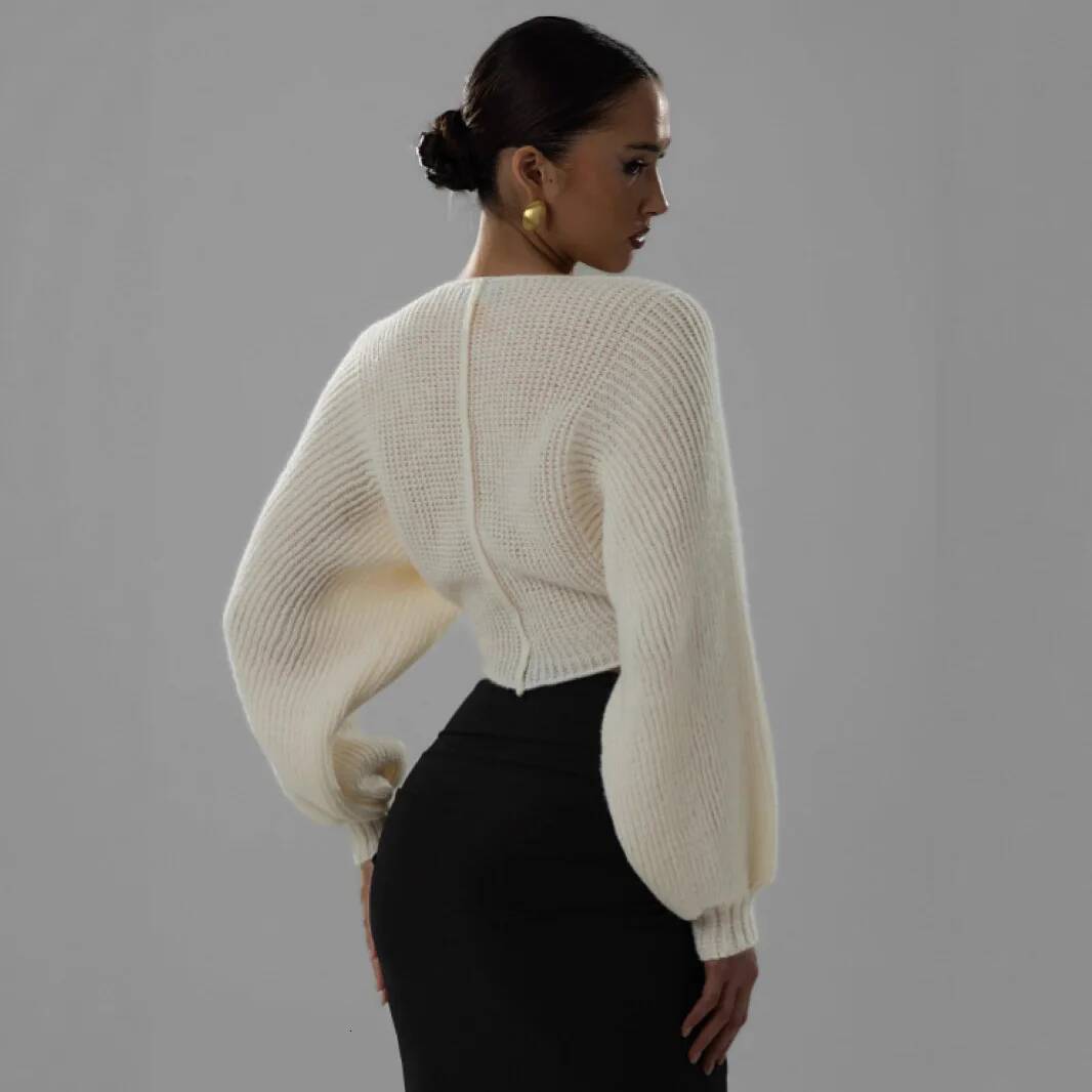 winter jacket women Knit Crop Sweater Women Y2K Lantern Sleeve Casuals Autumn Simple Classic Comfortable Elegant Basic V-Neck Loose Tops