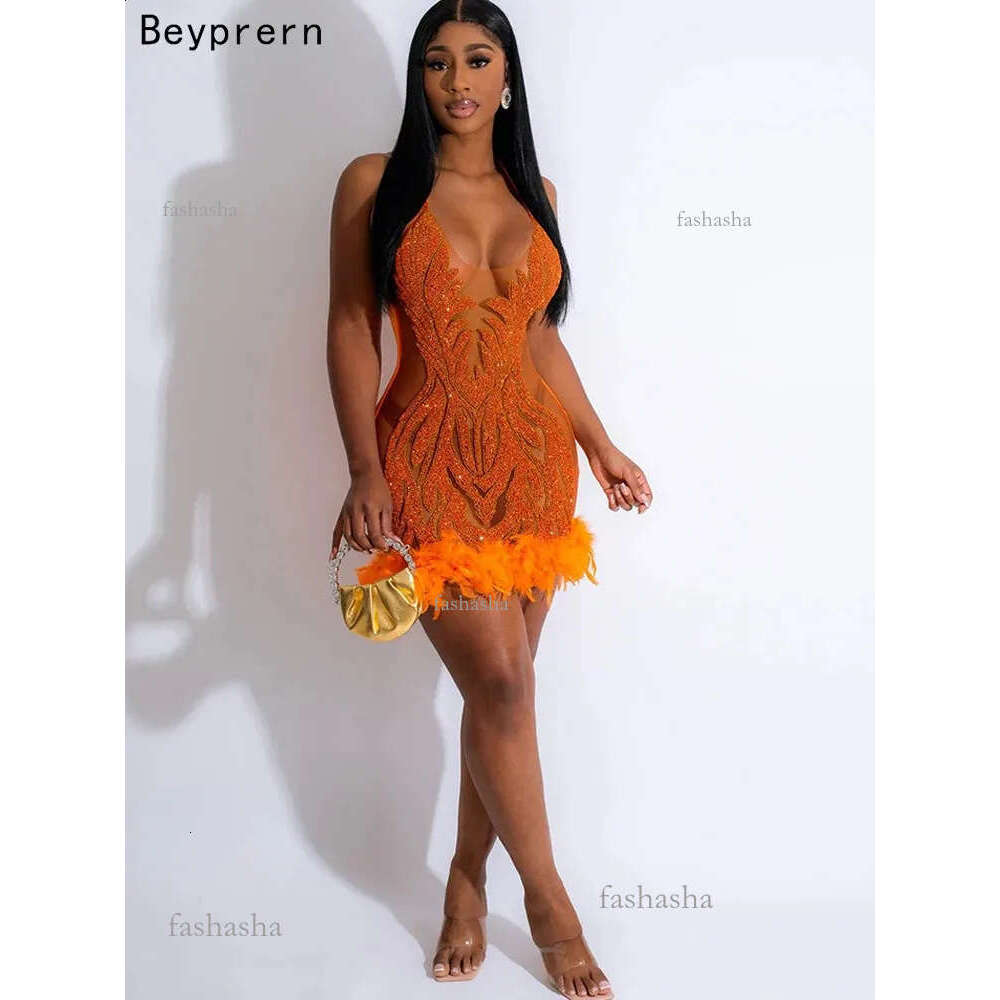 Beyprern Beautiful Mesh Sequin Feather Glam Dress Woman Party Glitter Sleeveless Night Out Dresses Birthday Outfits 240929