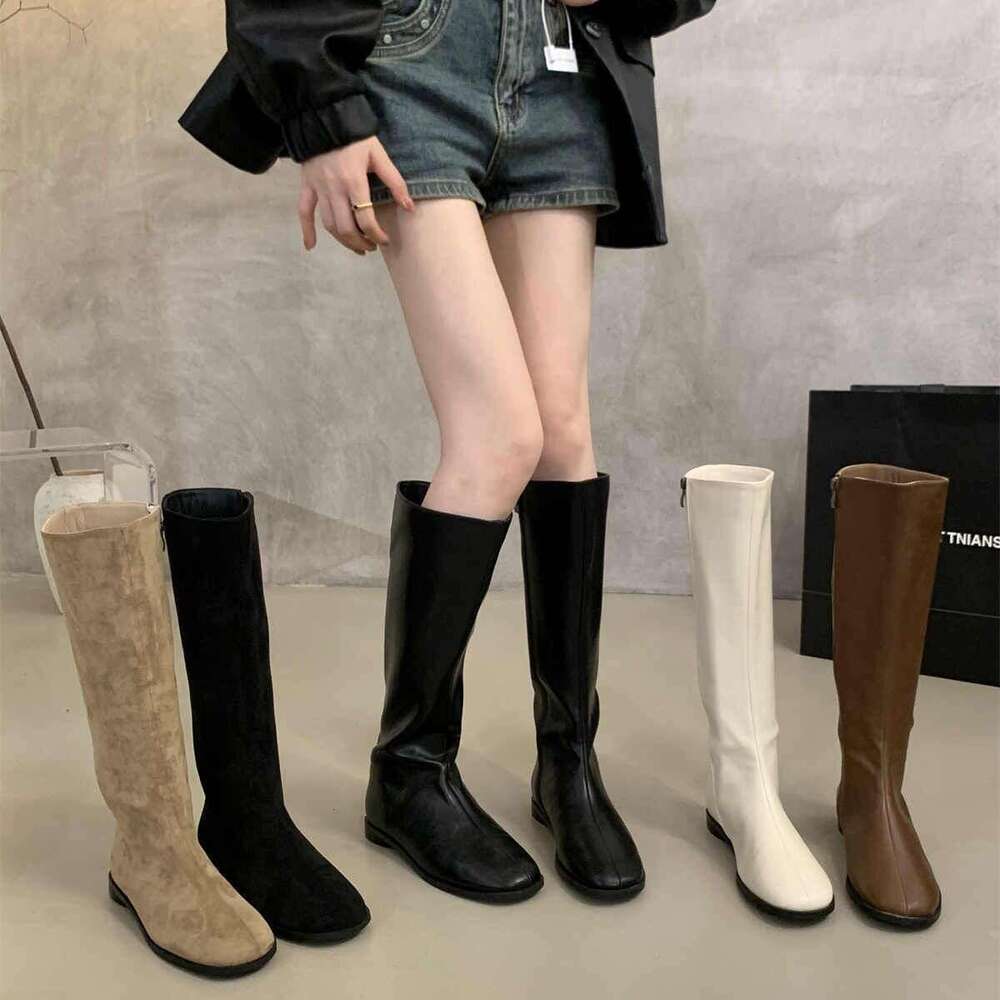 Trendy Korean Style Versatile Flat Round Toe High for Women Over-the-Knee Single Melad Slim Long Tube Designer Shoe Riding Boots