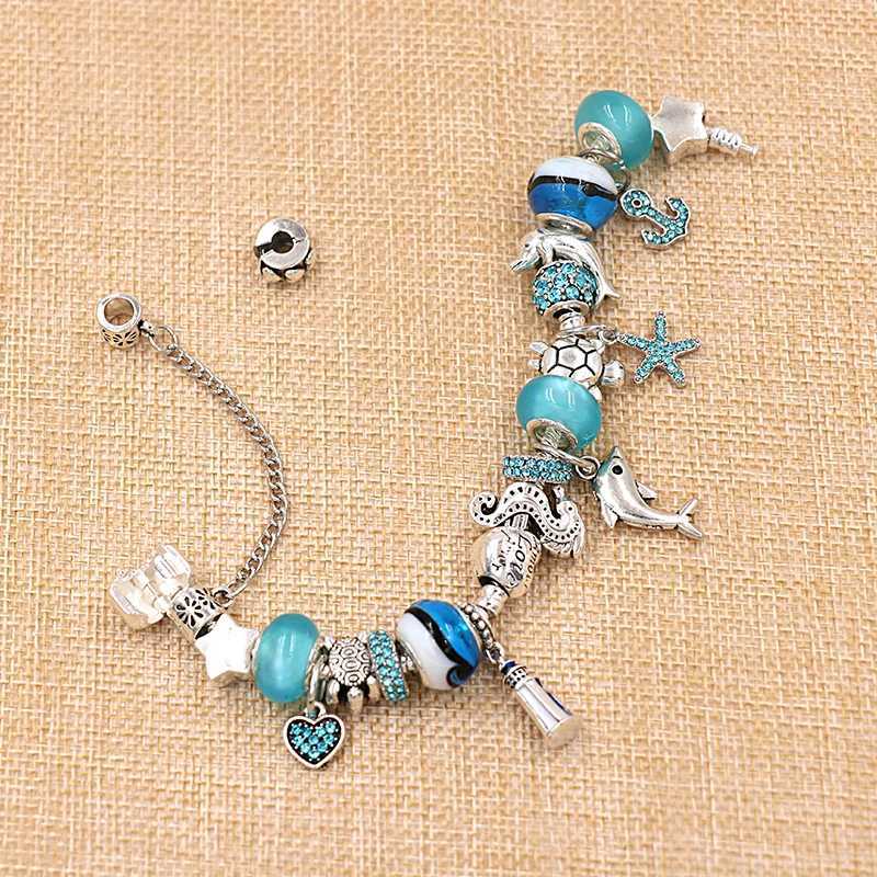 Classic Design Dolphin Charms Bangles for Women Jewelry Gift Blue Murano Crystal Glass Diy Beads C251105