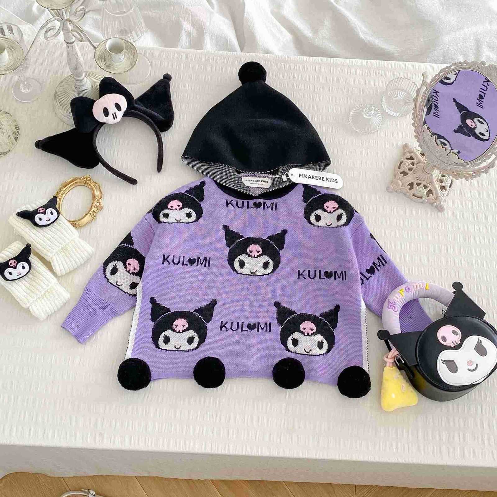 Sanrio Kuromi My Melody 2025 Autumn Winter Girls Knitted Cape Stylish Hooded Childrens Cartoon Cute Sweater Top H251105