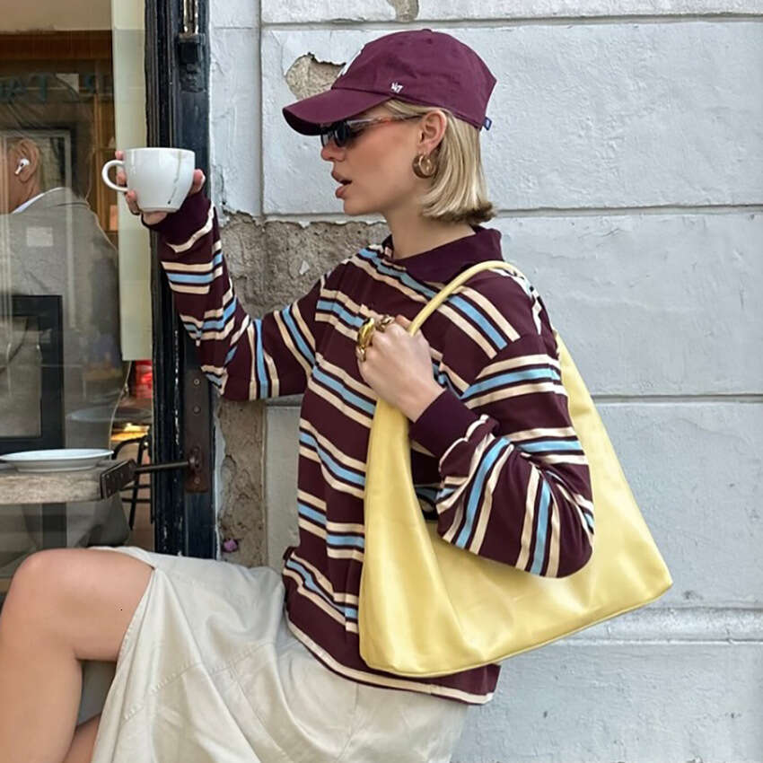 Summer New Loose Polo Collar Striped Long Sleeve Women's T-Shirt Design Sense Elegant Casual 2025 Cross-Border Commuting