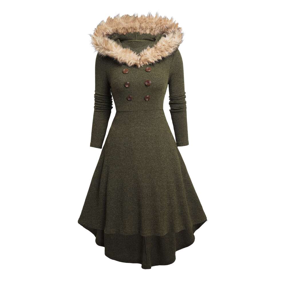 Women's Winter Hooded Dress, Faux-Fur Collar & Adjustable Waist, Long Short Front/Asymmetrical Back Hem High-Elasticity Fit-And-Flare Maxi Gown, 