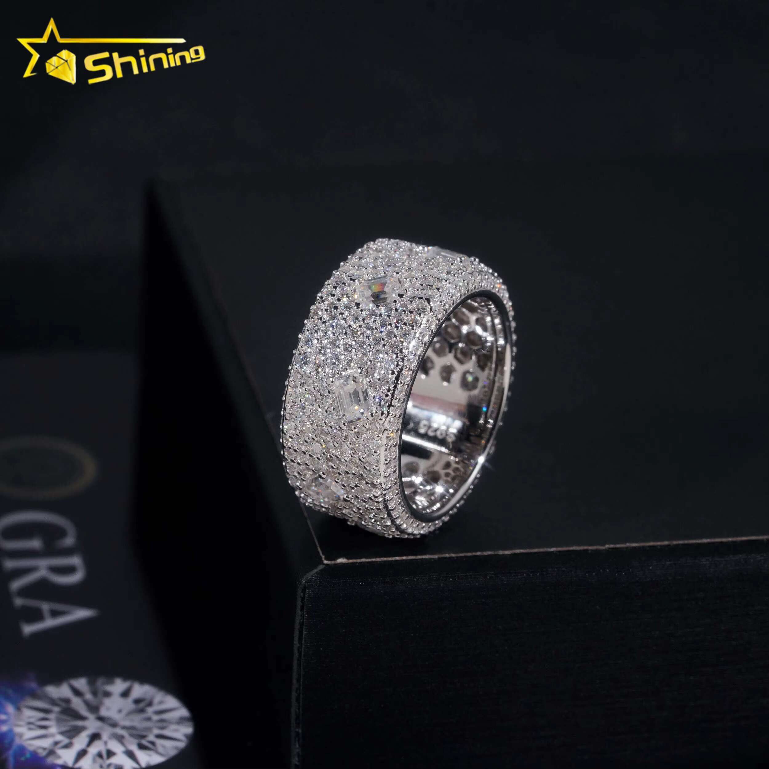 GRA Certificate 925 Sterling Silver Gold Plated Hip Hop Jewelry Baguette Fully Iced Band Rings VVS Moissanite Hip Hop Ring