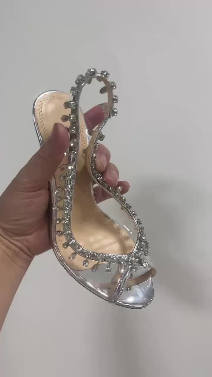 Sandals Bling Crystal Embellished Fish Toe Double Platform Rhinestone Clear PVC High Heels Back Strap T- Stage Women's Shoes