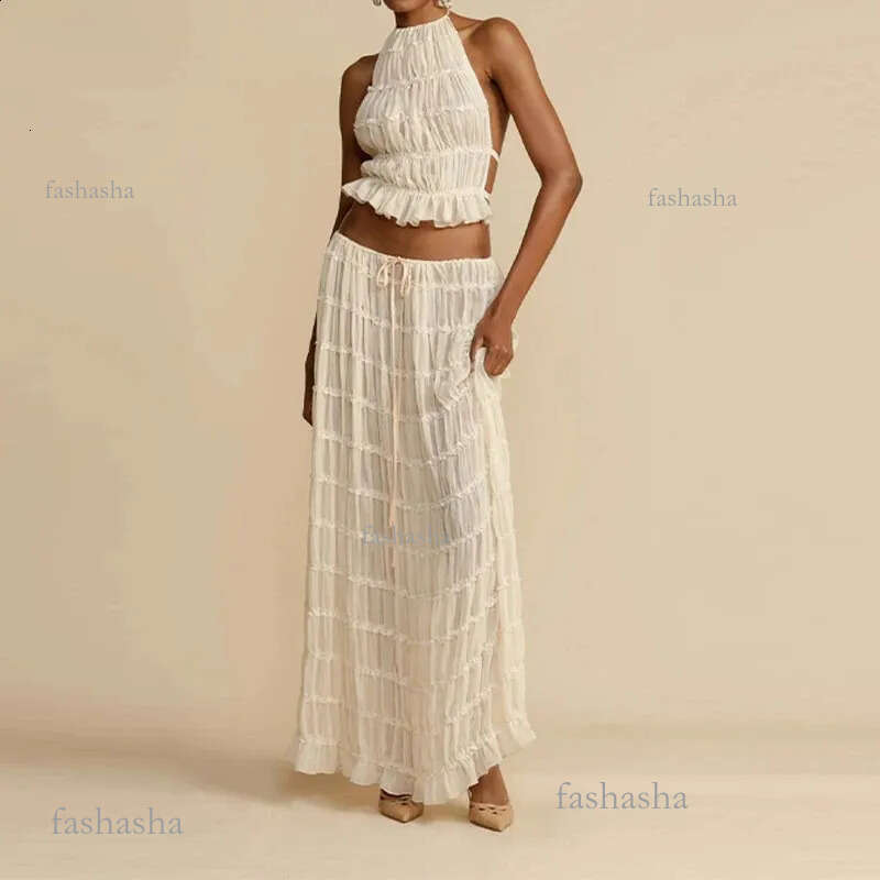 2024 Summer Party Elegant Women Beach Skirt Suit Sleeveless Backless Cropped Halter Lace Up Tops And Long Skirts Two Piece Sets 240927