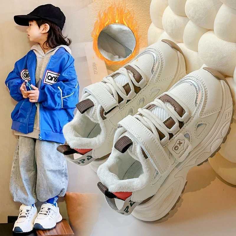 Childrens Padded Sneakers 3-18 Years Old Boys Thickened Leather Girls White Shoes Fall Winter Soft Non-slip Kids Cotton ShoesT251105