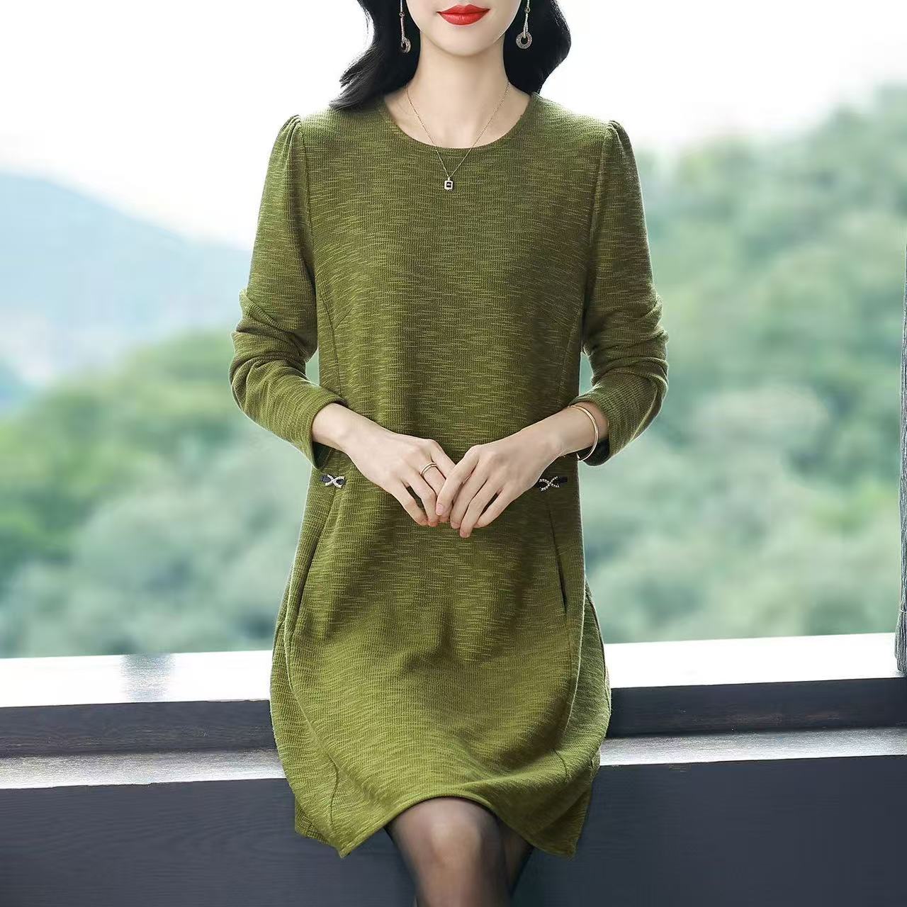 plus size women's new long sleeve high waist printed banquet dress mid-length skirt D02854