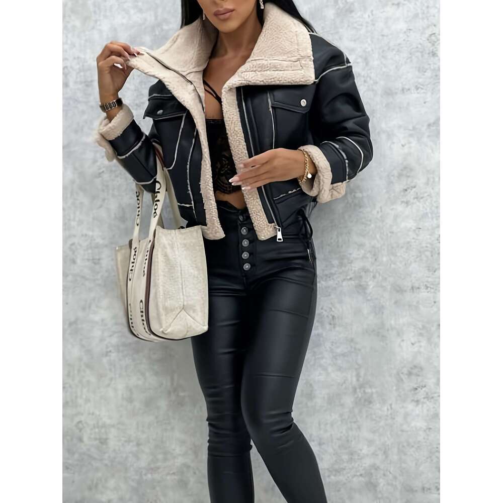 1Pc Women's Faux Shealing Casual Jacket, Polyeste 100% Bike Style With Lapel Colla, Dawsting Hem, Long Sleeve, Zip-Up Outwea Fo Fall/Winte - Soli