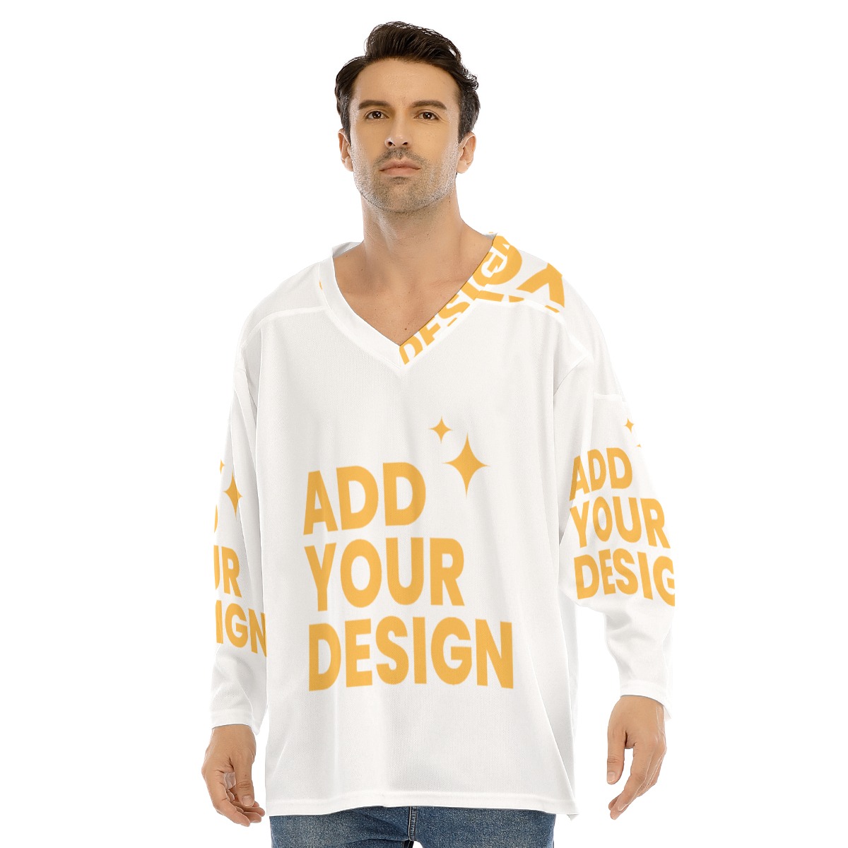 Men's V-neck Ice Hockey Jersey, All-Over Print Long Sleeve Sports Shirt, Custom Team Uniform 100% Polyester Loose Fit