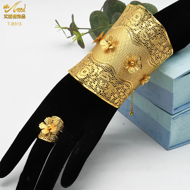 ANIID 24K Dubai Gold Plated Bangle Bracelet With Rings For Women Bridal African Jewelry Wedding Ethiopian Bracelets 251031