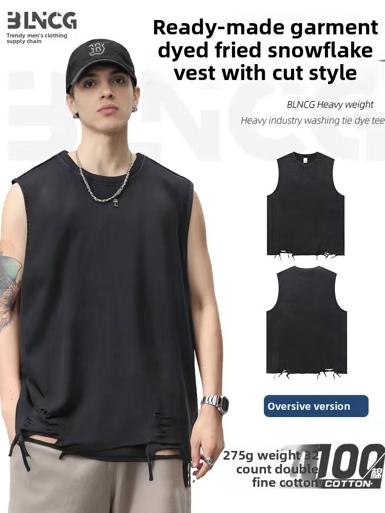 BLNCG Men's Solid Color Tank Top, Distressed Design, Loose Retro Street Style, Oversize Fit, Vintage Casual Sleeveless Shirt-KFGP-301