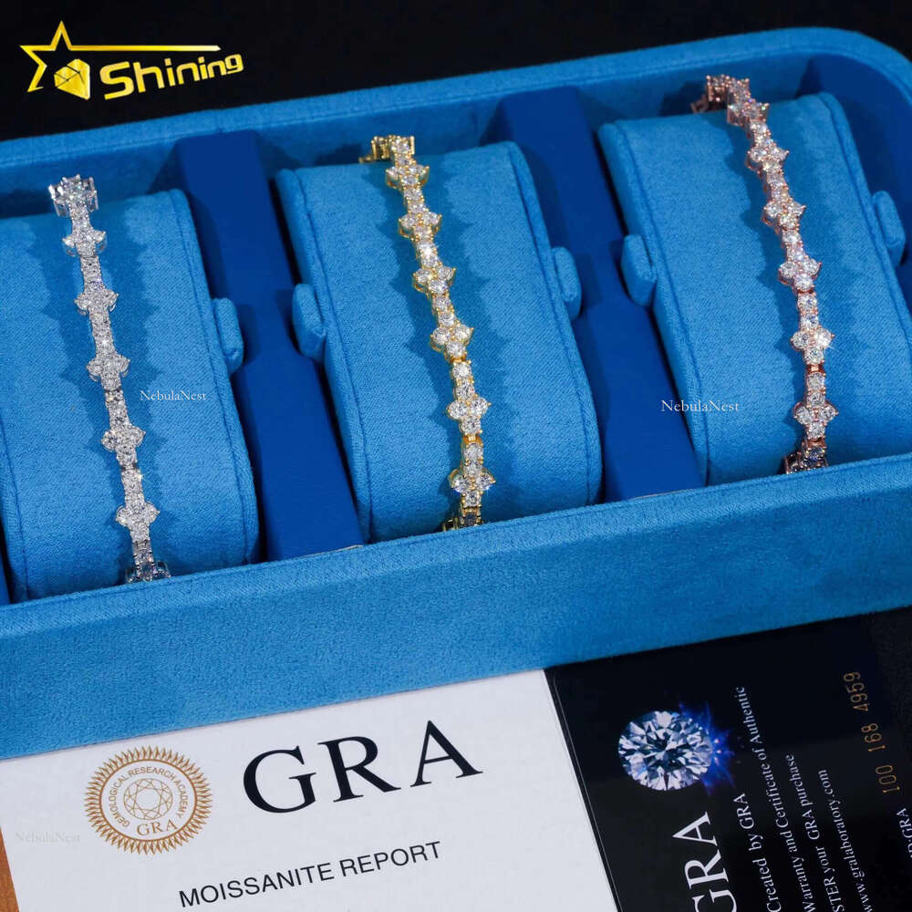 Stylish New Arrival Fashion Femme Design Sier VVS Moissanite Dia Iced Out Four Leaf Clover Cross Tennis Chain Bracelet