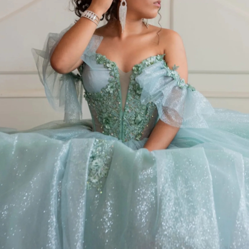 Aqua Blue Shiny Quinceanera Dresses Off The Shoulder Applique Lace Beading Crystal Tull Party Birthday Sweet 16 Dress Vestidos 15 Anos