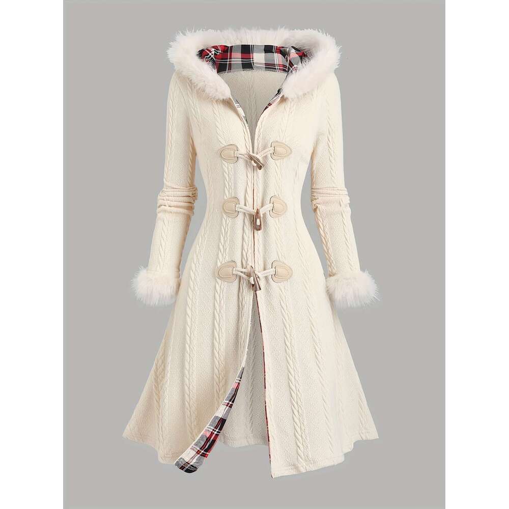 Size, Women's Elegant Oversized Hooded Long Jacket Trim, Front Closure, Plaid Pattern Tartan Check Hine Washable Fall/Winter Beige/Black/White/Gr