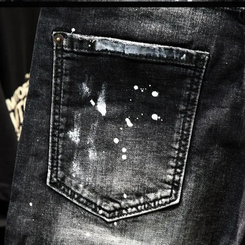 er clothing mens casual denim knee length shorts summer fashion black patch painted jeans mens shorts 250402