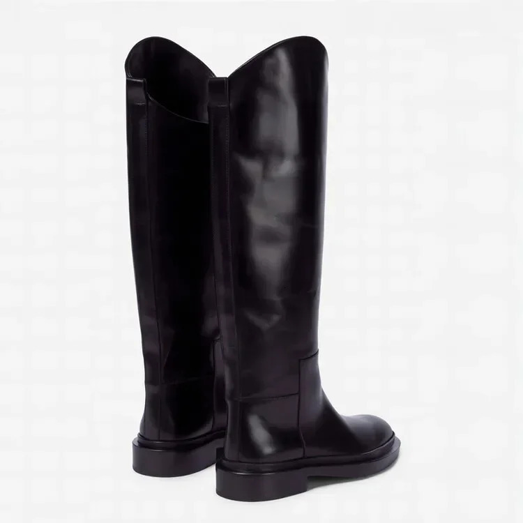 European and American Autumn and Winter Fashionable Round Toe Knee Length Flat Leather Boots Size 3446 Womens Knight Boots 251031