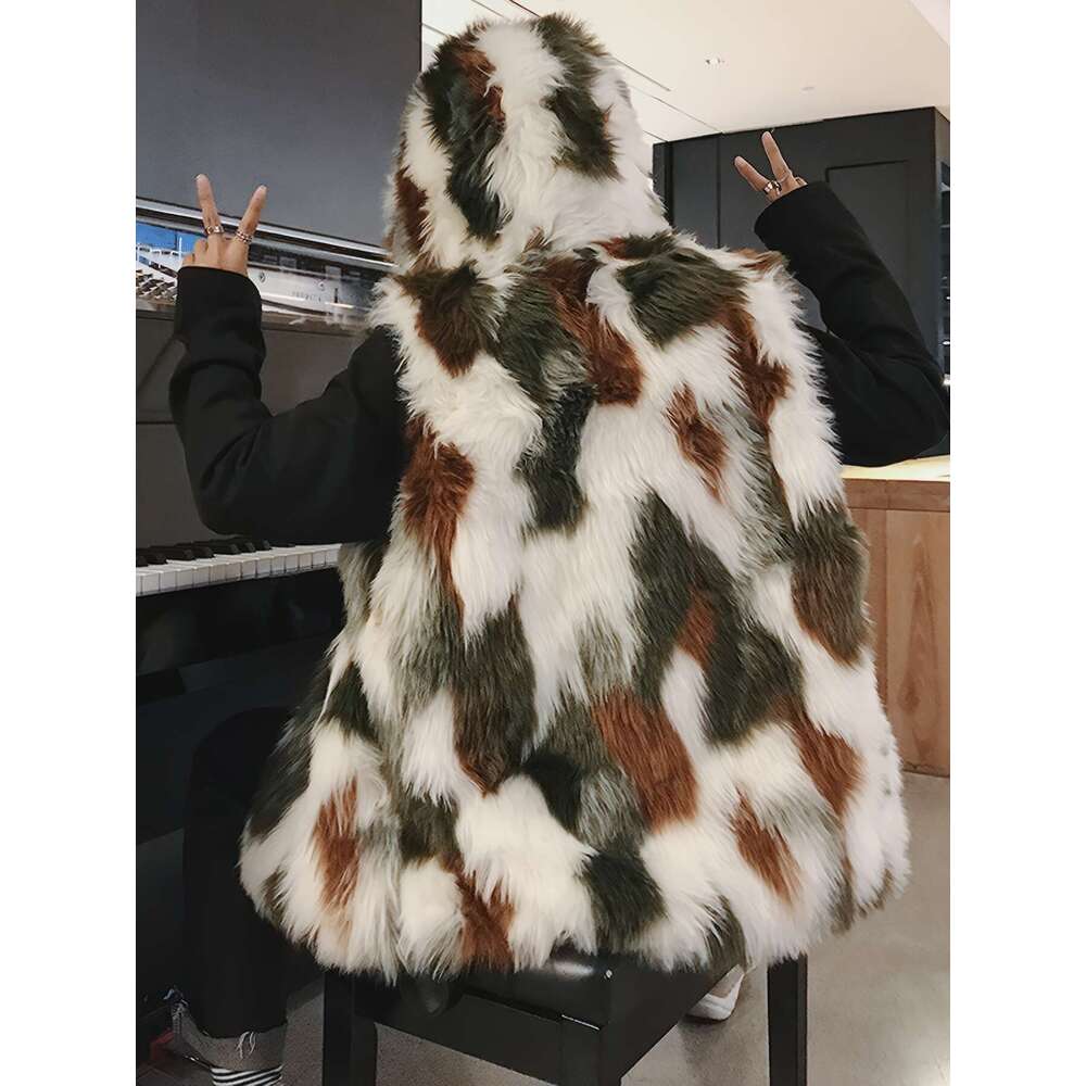 Men's Plush Faux Fur Hooded - Stylish Brown & White Color Block, Zip-Up, Long Sleeve, Warm Fall/Winter Outerwear, Casual Polyeer Jacket For Coupl