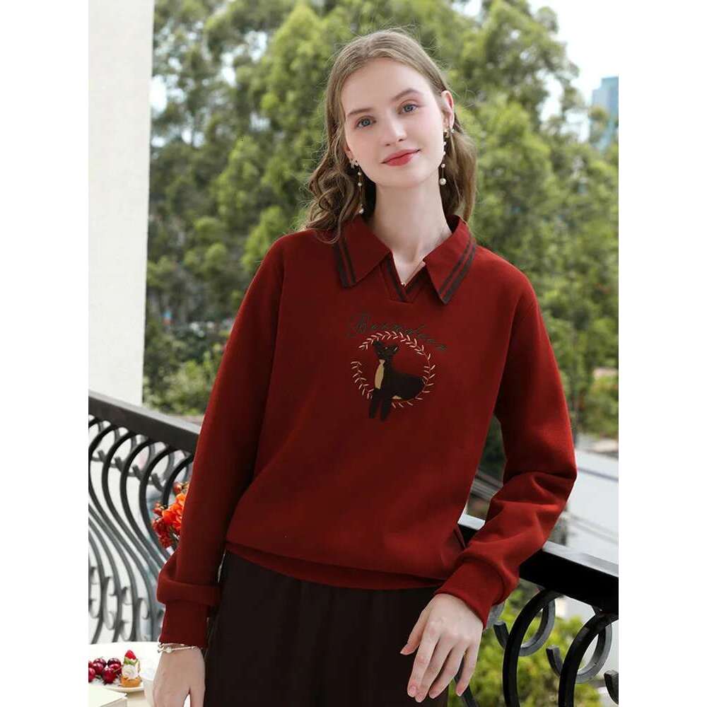 Red Embroidery Pullover Thickened Warm Polo Collar Sweater Women Soft Touch Sweets Versatile Tops
