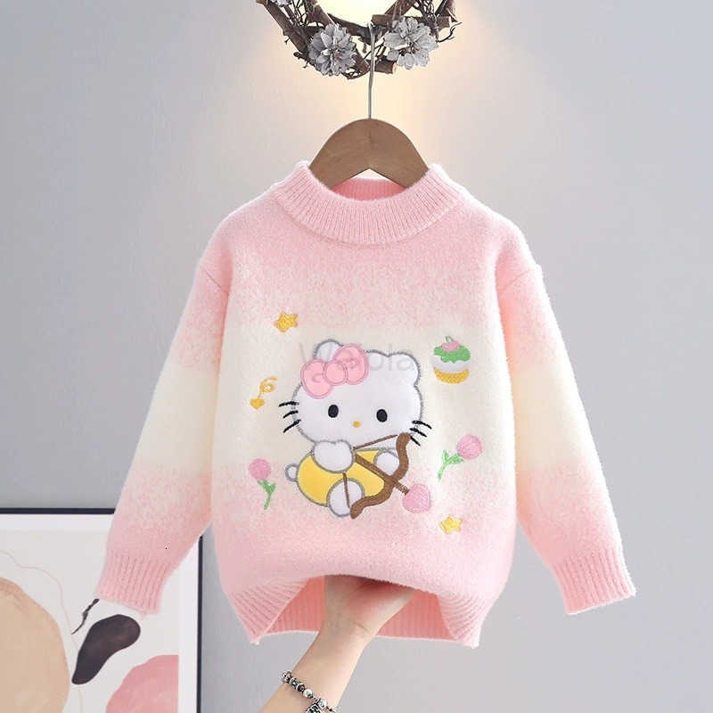 Sanrio Cartoon Cute Kitty Cat Embroidered Girls Sweater Knitwear Autumn Winter Style Childrens Round Neck Warm Base Layer H251105