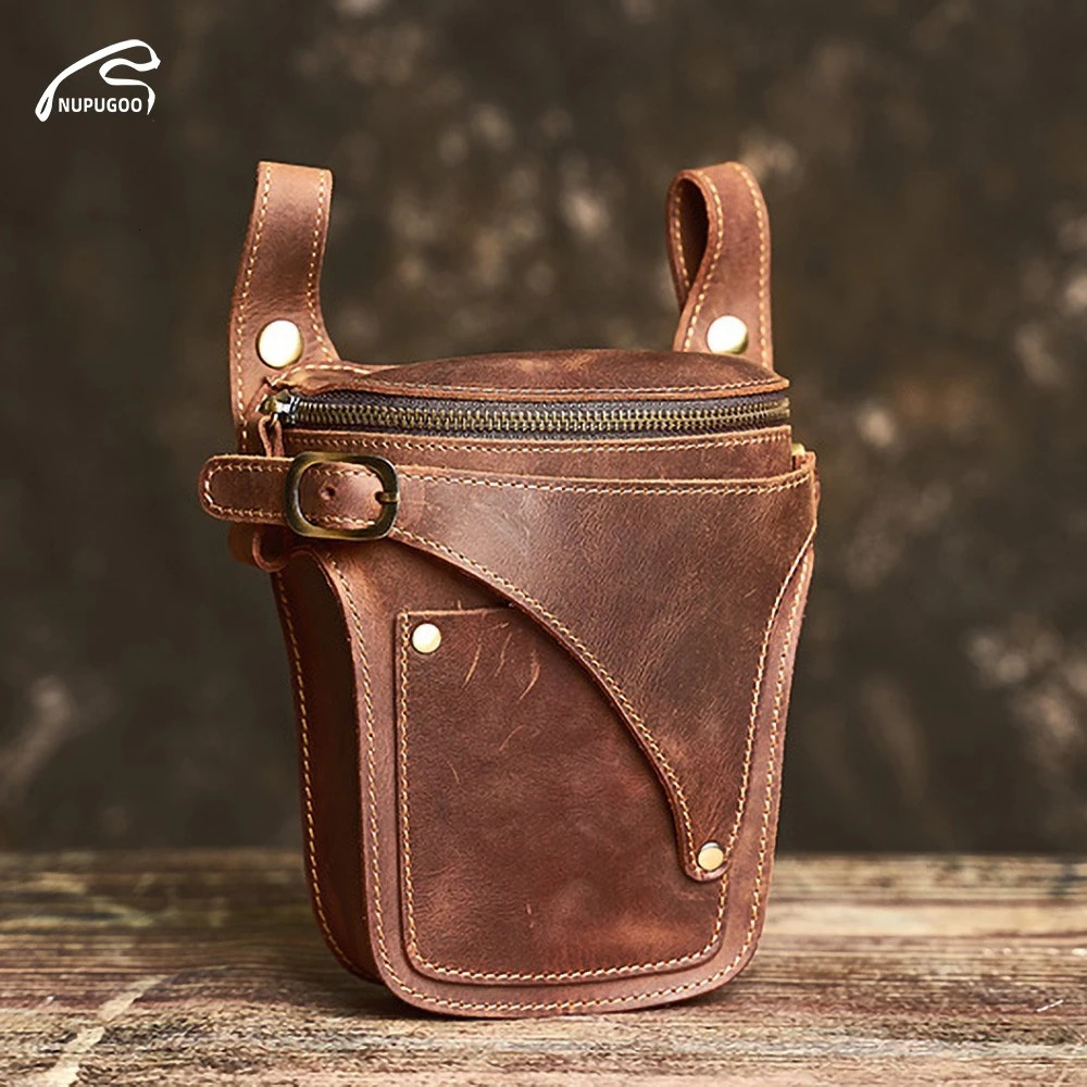 NUPUGOO Genuine Leather Mens Waist Bag Casual Belt Pouch Phone Bag Crazy Horse Leather Fanny Pack Vintage Motorcycle Bag251023