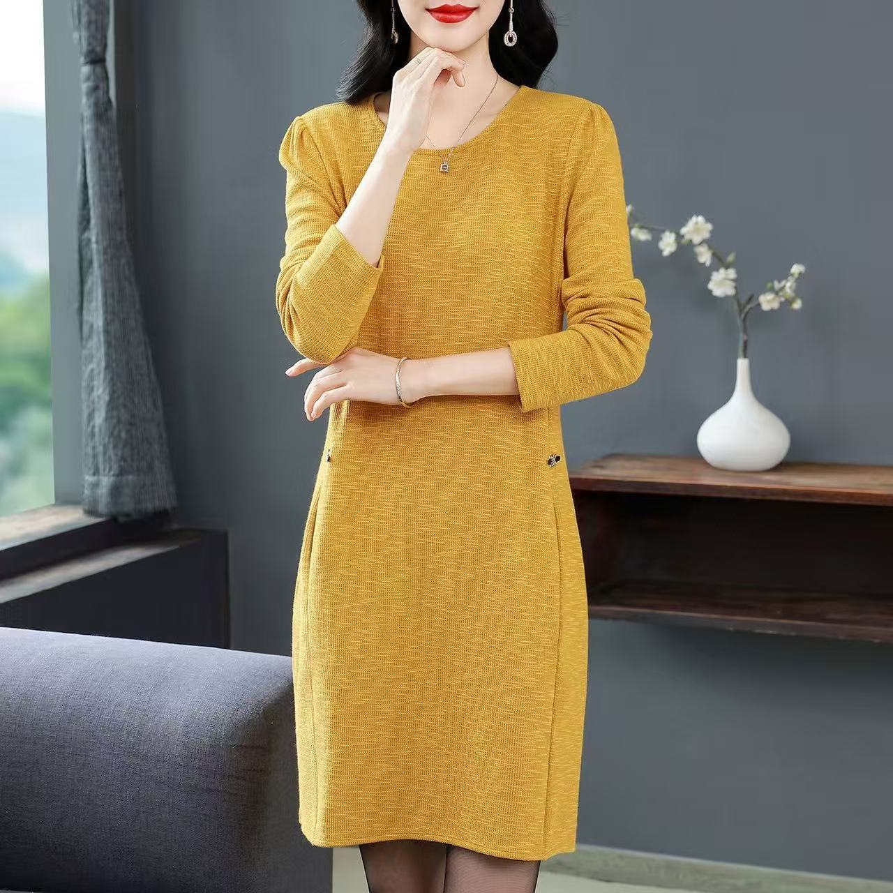 plus size women's new long sleeve high waist printed banquet dress mid-length skirt D02854