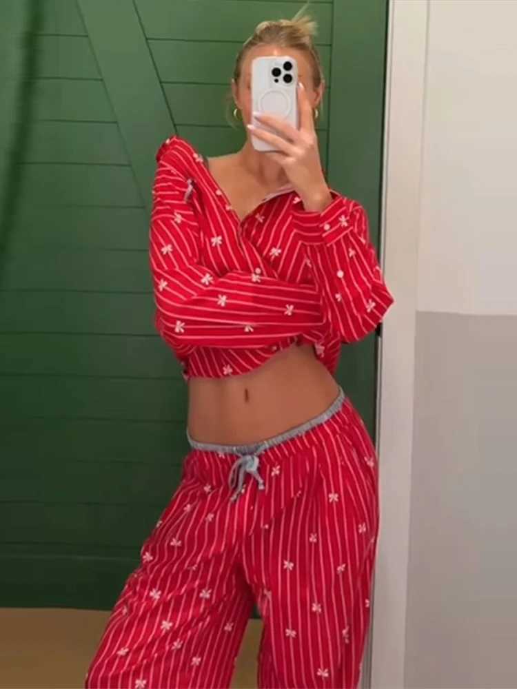 Print Pajama Skirt Pant Loose Two Piece Suit Lapel Neck Full Sve Top Empire Waist Pant Set 2025 Female Christmas Outerwear W251104