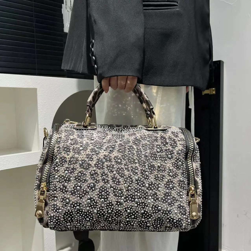 Women's Fashion Inlaid Dia Handbag Large Capacity Leopard Print Shoulder Crossbody Bag