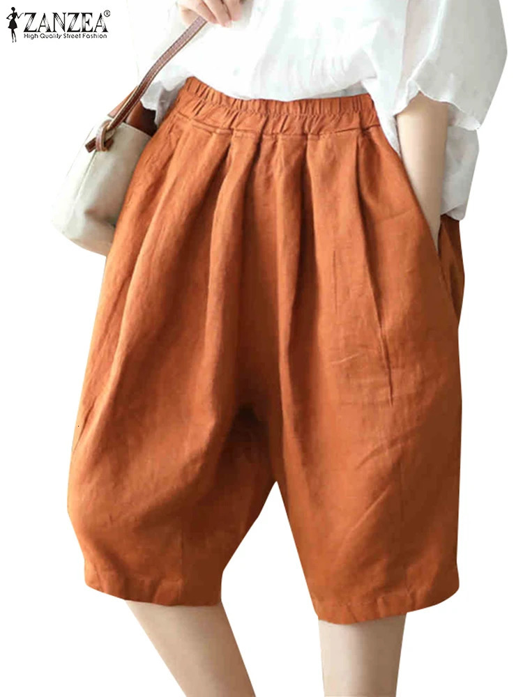Fashionable elastic waist pleated shorts ZANZEA womens holiday summer 2025 Korean Pantalons casual loose cotton sole 250401