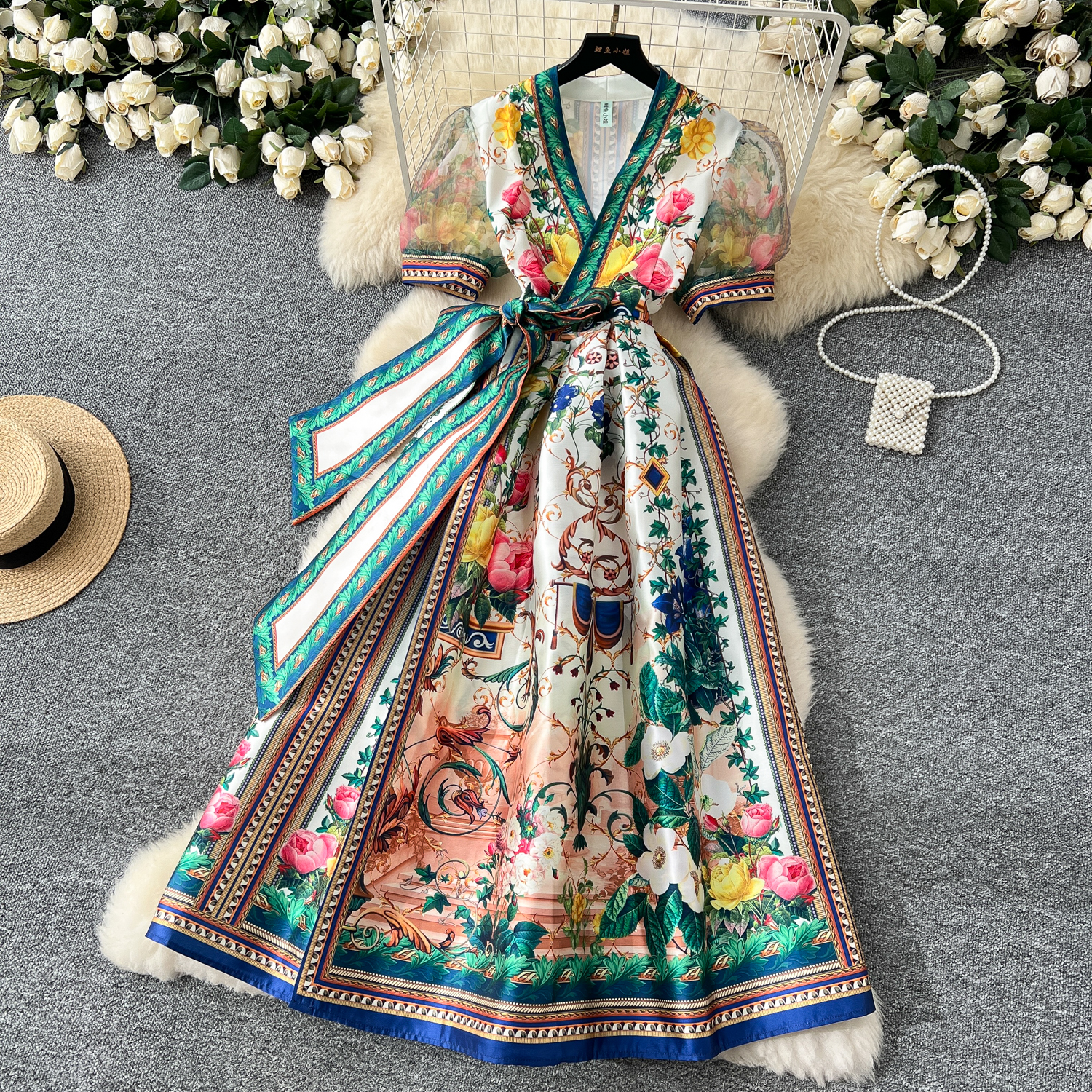 Casual Dresses Summer French Gorgeous Flower Holiday Long Dress Women's V-Neck Short Puff Sleeve Lace Up Vintage Maxi Robes Party Vestidos Clothe