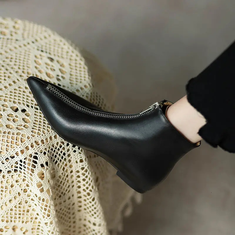 Leather Flat Short Shoes For Women Work Booties Black Footwear Female Ankle Boots Pointed Toe On Promotion Sale Comfortable P 251104