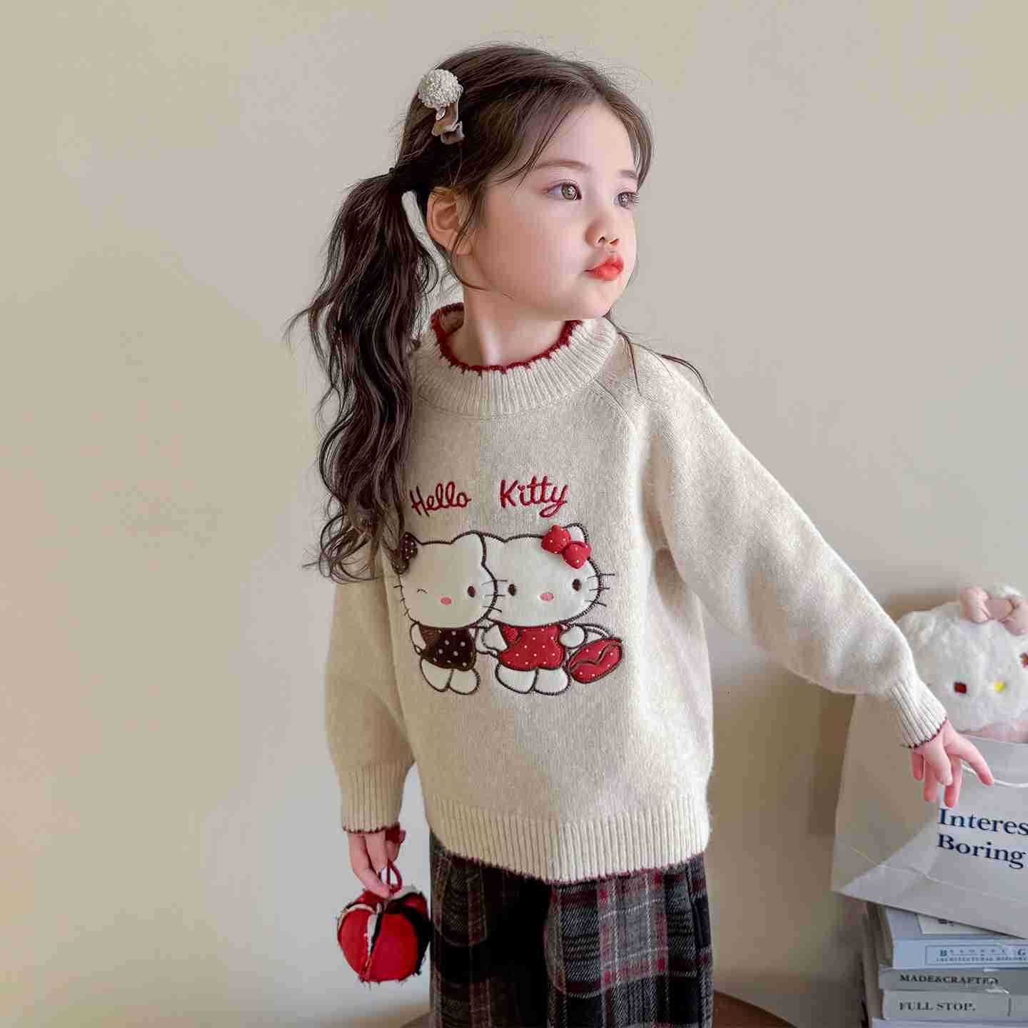 Sanrio KT Cat Girl Sweater Autumn Winter Fleece Round Neck 2025 New Childrens Baby Girl Winter Knitted Base Shirt H251105