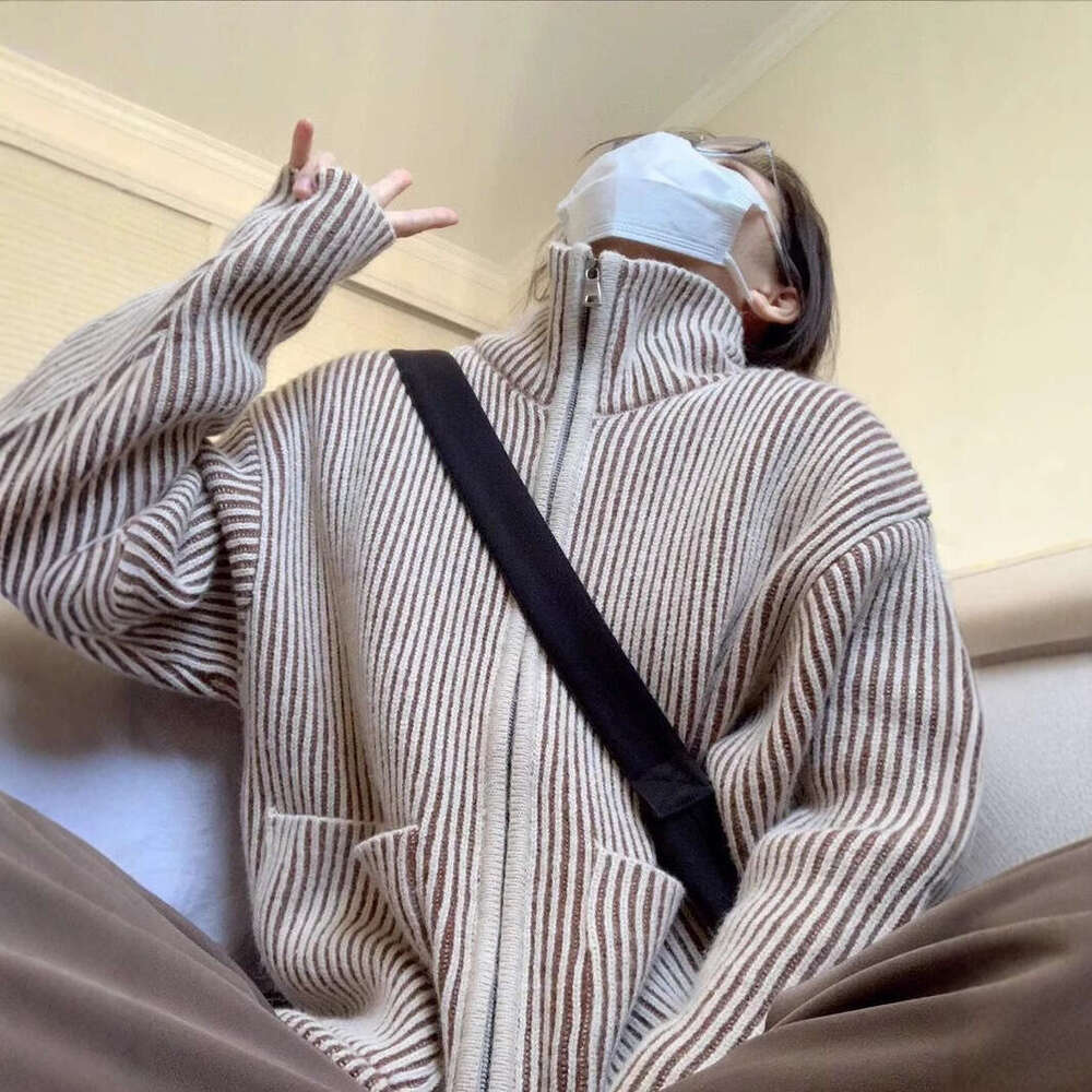 Autumn Winter New Vertical Striped Textured Cardigan Sweater Unisex Simple Plus Size Turn-Down Collar Zipper Knitwear B5