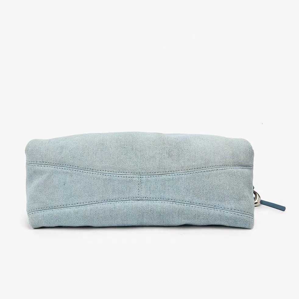 2025 Large Capacity Denim Tote Bag for Women - Genuine Leather Handle Hobo Shoulder Bag with Multiple Pockets Blue Jean Drawstr Z251104