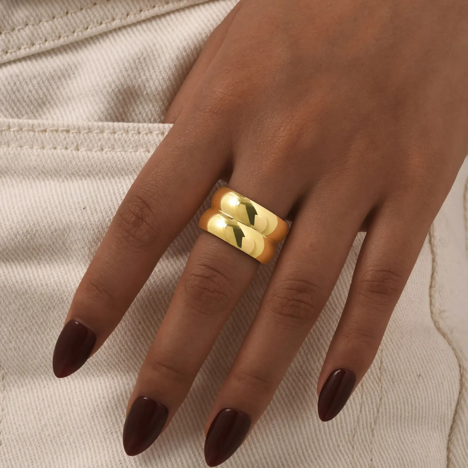 Vnox Smooth Gold Plated Wide Chunky Rings For Women MenStainless Steel Simple Double Layer RingsUnisex Jewelry Waterproof 251031