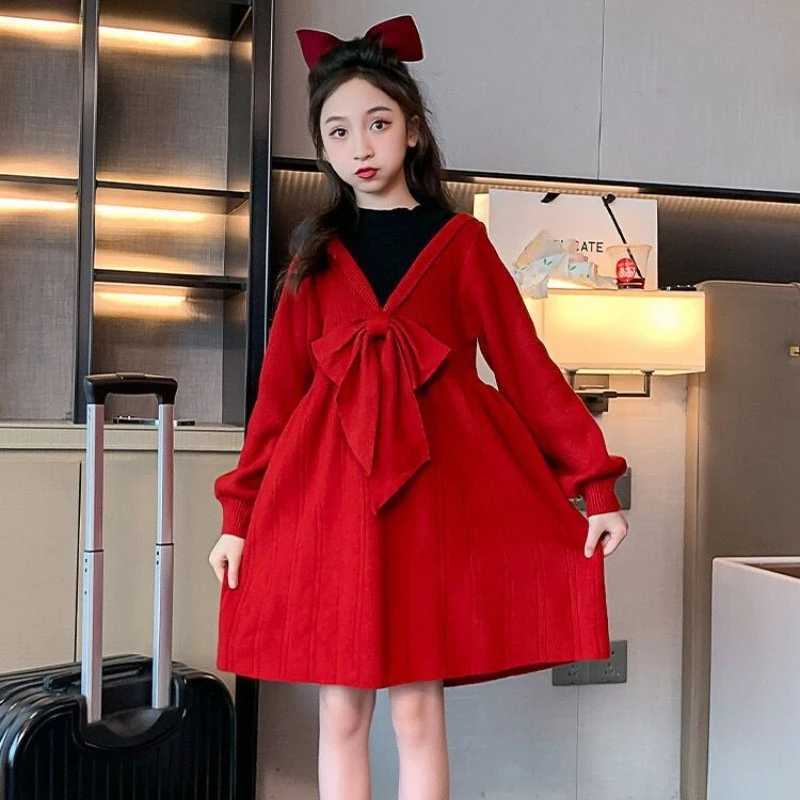 2025 New Years Red Princess Knit Dress for Toddler Girls Stylish Autumn/Winter Elegant Woolen Outfit C251105