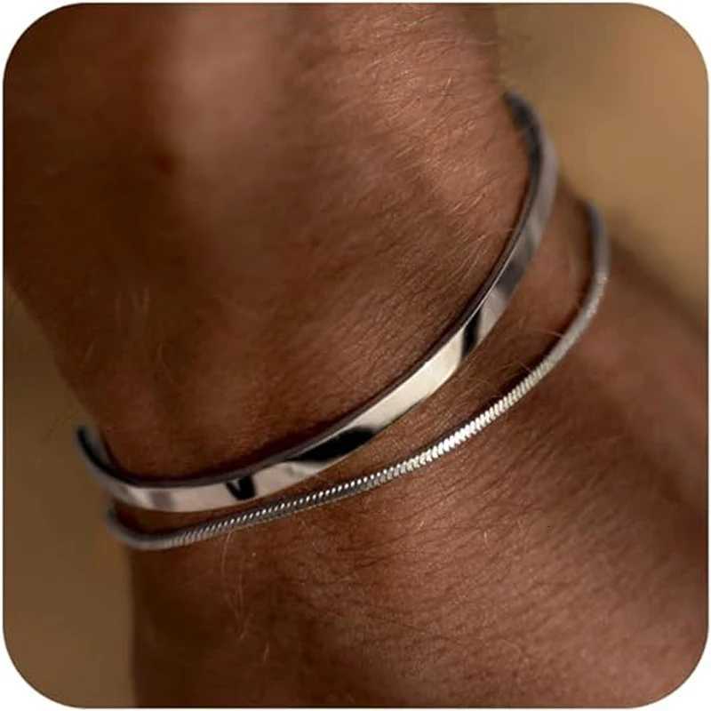 Stackable Bracelets for Men 925 Sterling Silver/14K Gold Plated Bracelet Sets Dainty Cuff Bangle Box Cuban Link BraceletsXJ251105