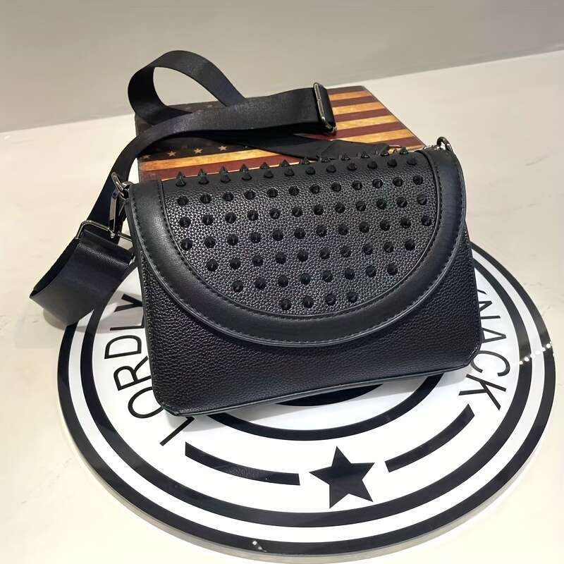 Edgy Geometric Studded Premium Second Layer Leather Adjustable Shoulder Bag Men Women, Sleek Black Unisex Messenger Purse For Everyday Use, Shopping